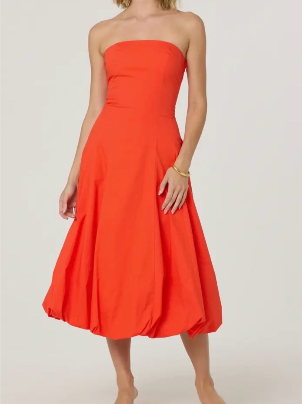 Astr Strapless Bubble-Hem Midi Dress in Bright Orange